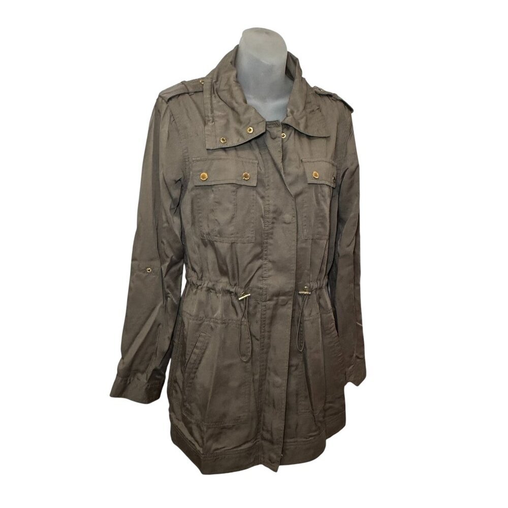 Michael Kors Anorak Coat Jacket Drawstring Waist Khaki Green Gold Hardware XS - Picture 4 of 11